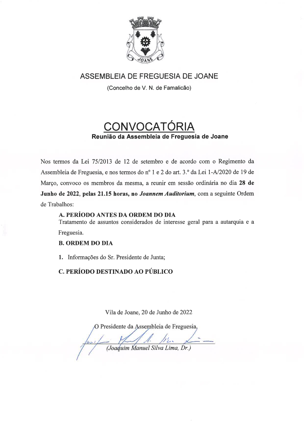 Convocatria da Assembleia de Freguesia - Junho 2022