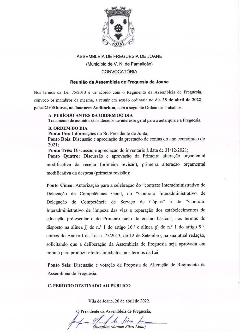 Convocatória da Assembleia de Freguesia - Abril 2022